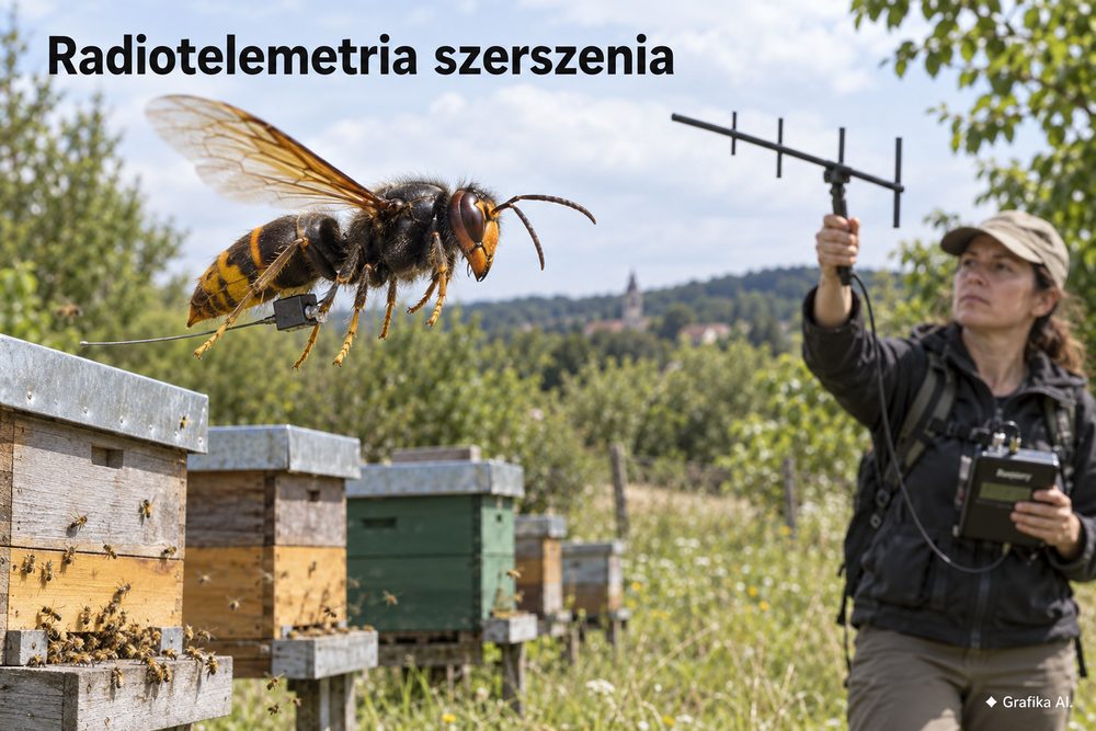 Szerszeń z miniaturowym nadajnikiem radiowym przy pasiece, operator śledzi sygnał anteną