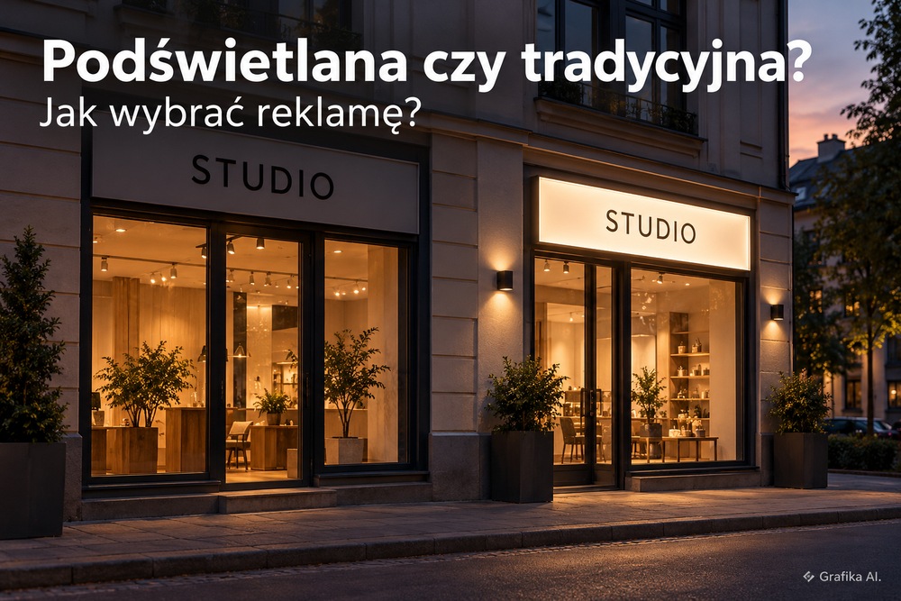 Porównanie niepodświetlanego szyldu i kasetonu LED na witrynach o zmierzchu – grafika AI