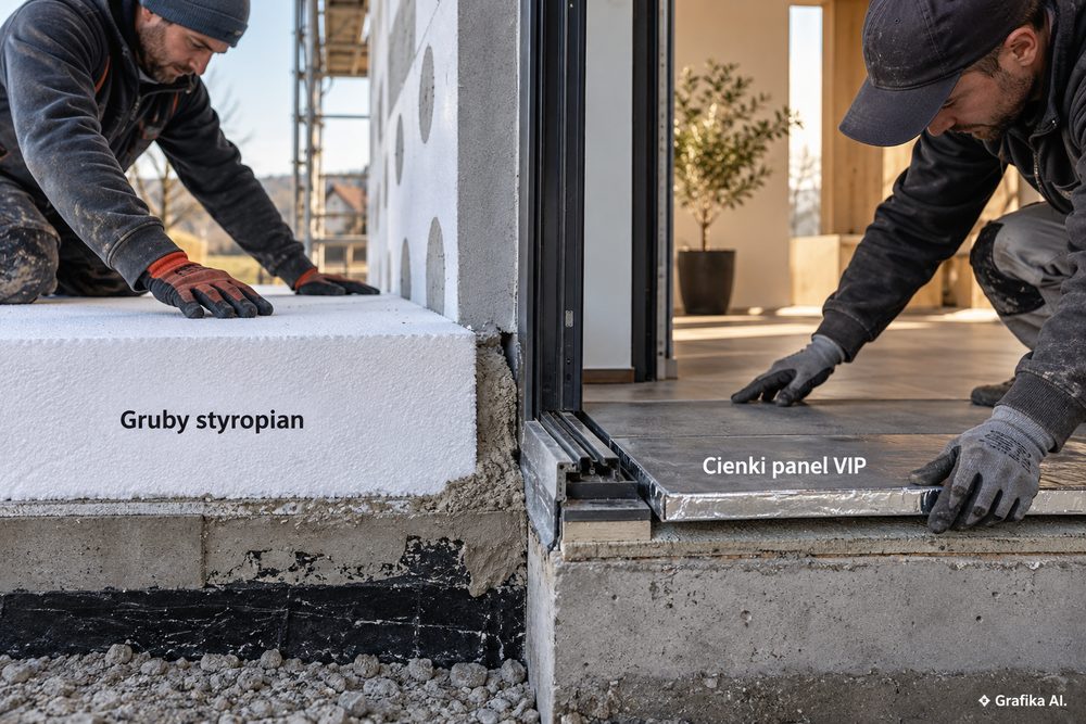 Porównanie grubej warstwy styropianu i cienkiego panelu próżniowego VIP przy progu drzwi